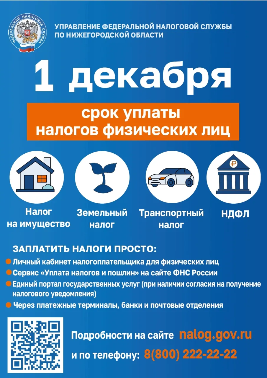 Срок уплаты физическими лицами имущественных налогов (земельный налог, транспортный налог, налог на имущество) истекает 1 декабря 2025 года